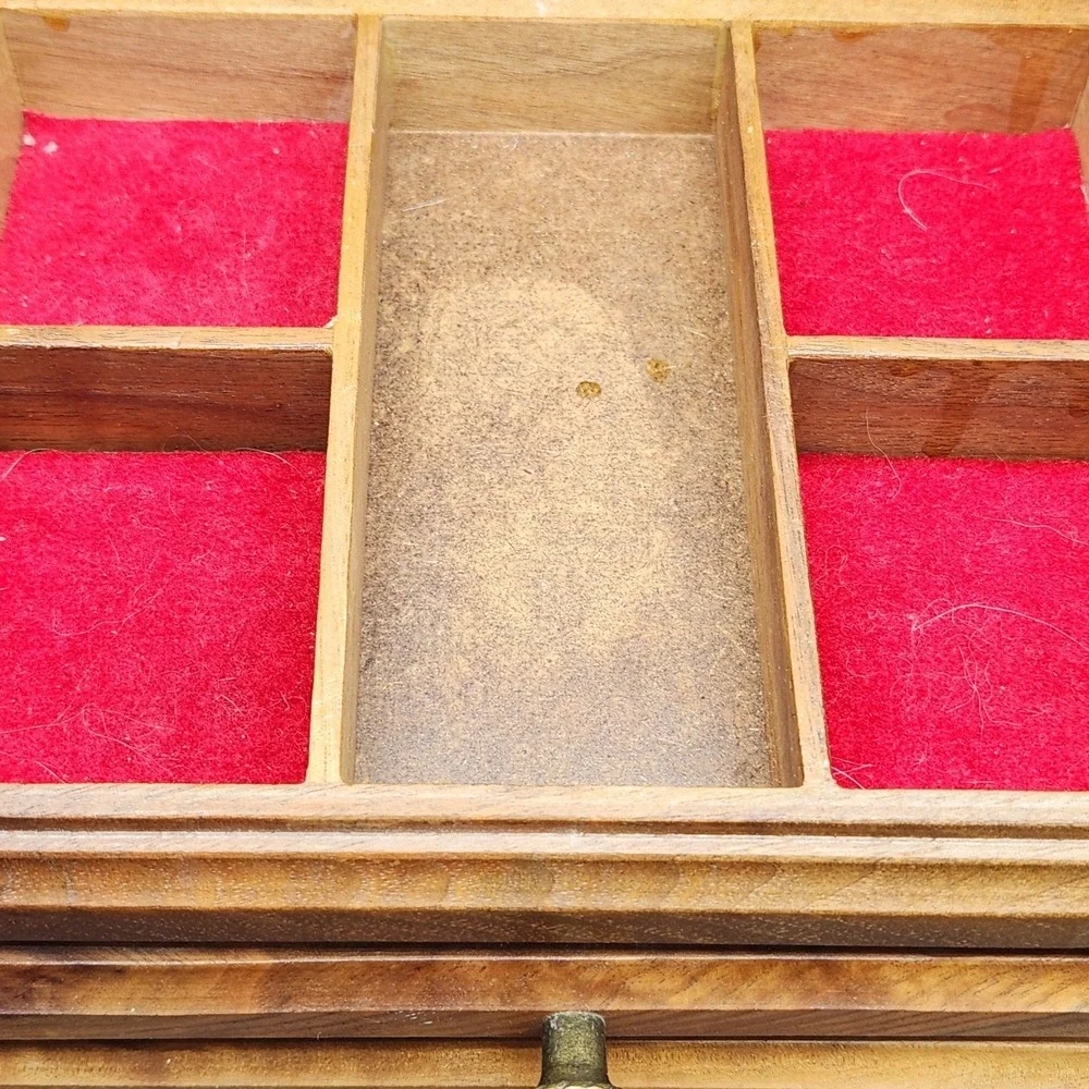 Vintage Wooden Jewelry Box Organizer Red Velvet Lined Drawers Storage